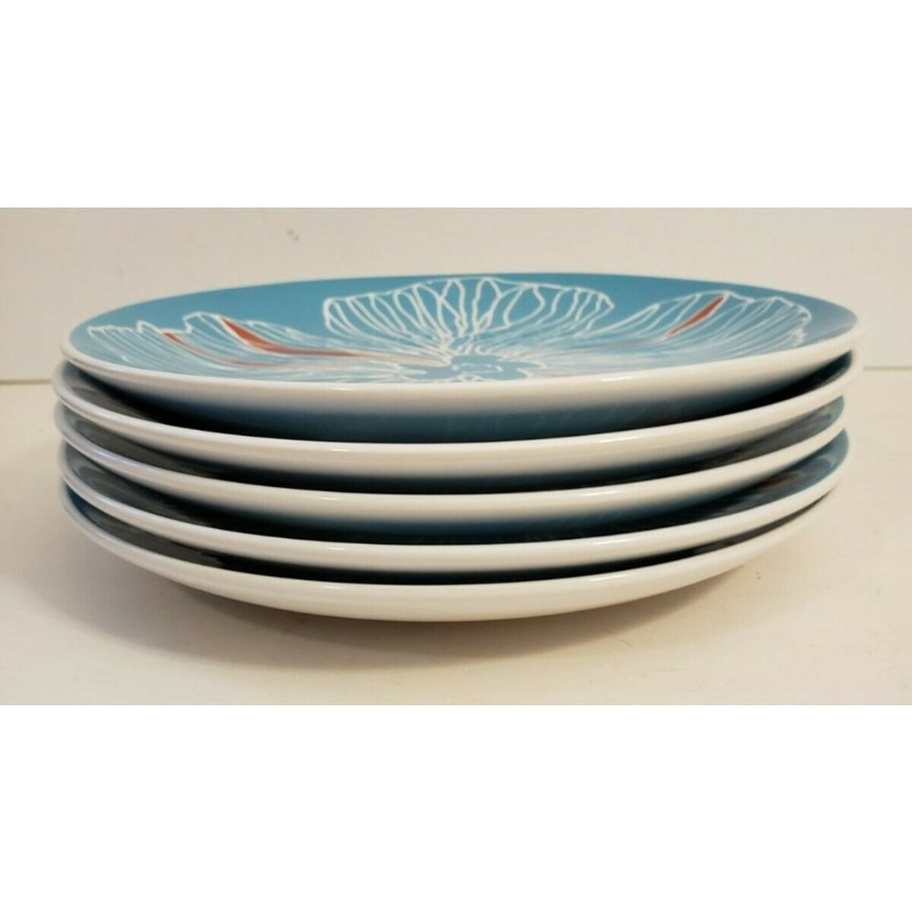 Ikea of Sweden Bullra Pattern Set of 5 Salad Lunch Plates Turquoise Red Flower